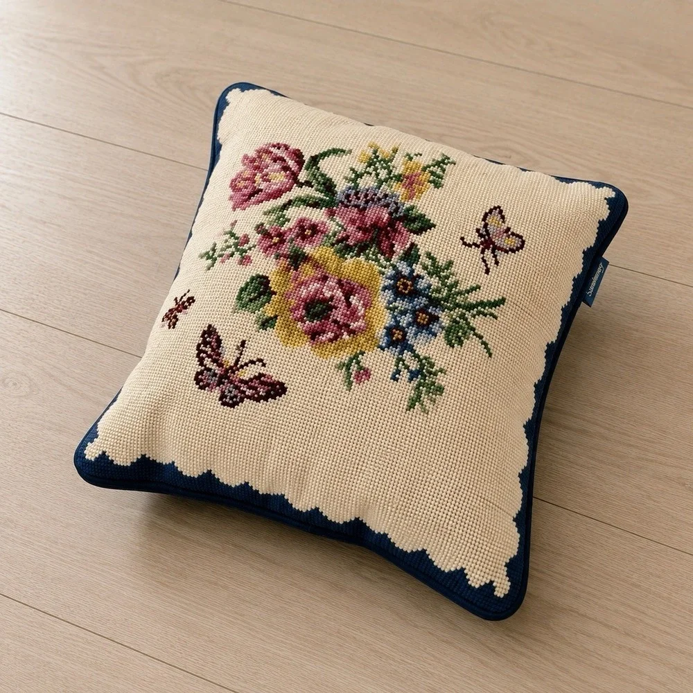 Vintage Williamsburg Floral Butterfly Needlepoint Blue Velvet Pillow Set of 2